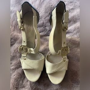 Michael Kors Vintage Platforms - open toe solid heel Cross Front Leather Strap